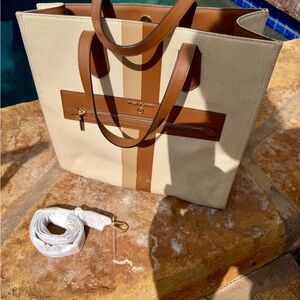 Michael Kors Beige Canvas Tote with Brown Leather Trim
